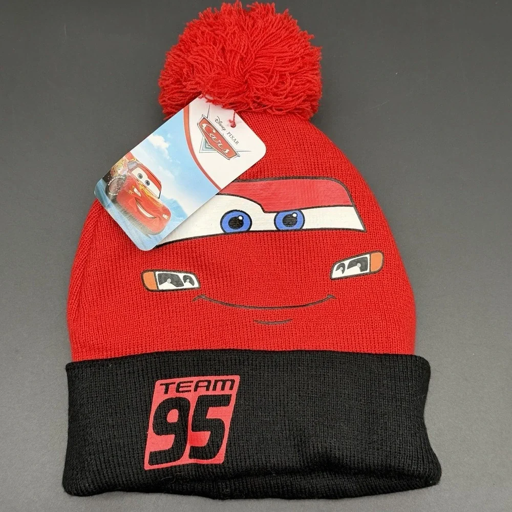New Disney Boys Cars Lightning McQueen Beanie Hat Gloves Set Team 95 Red Pom